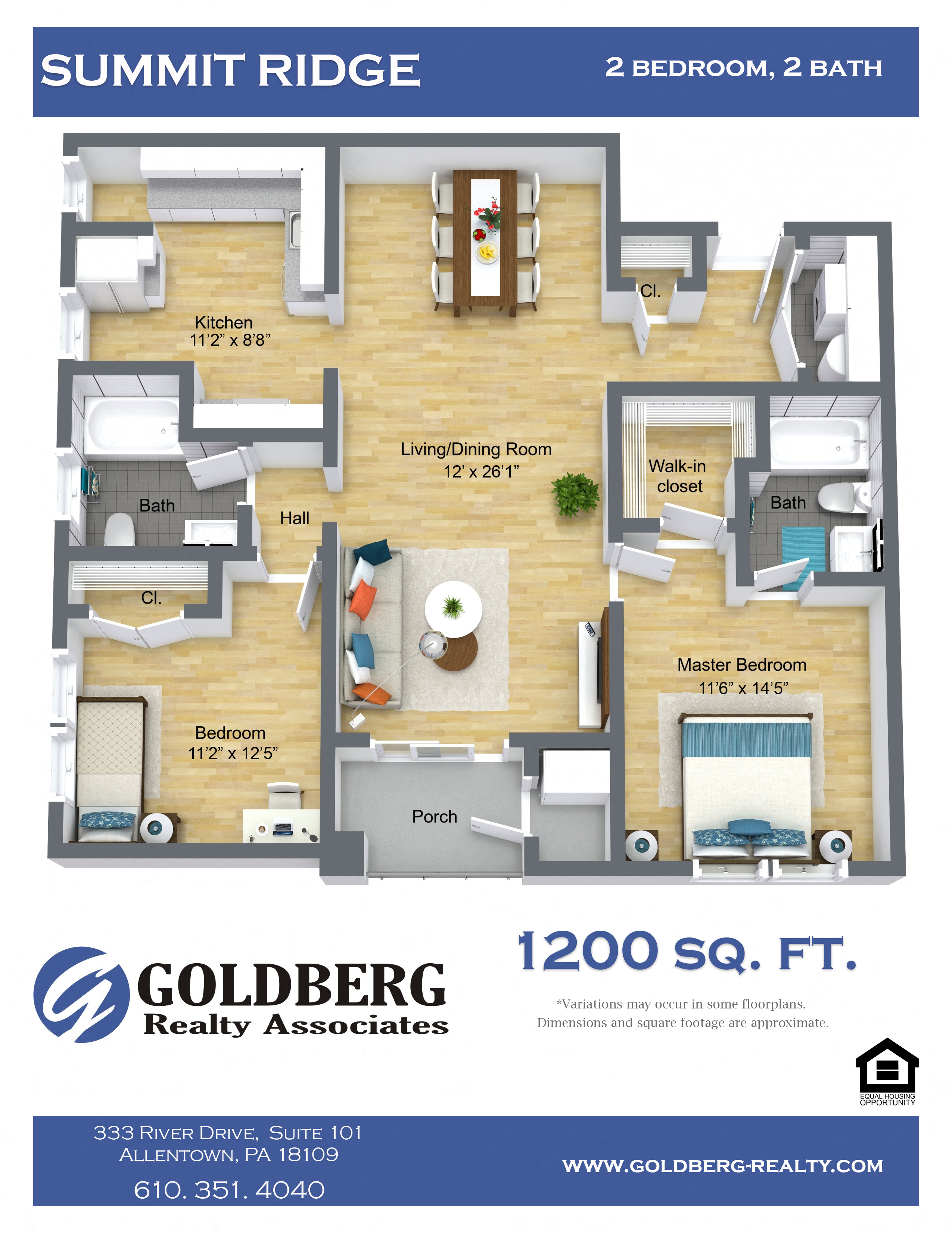 Floor plan for 2 beds, 2 baths, 1008 sqft